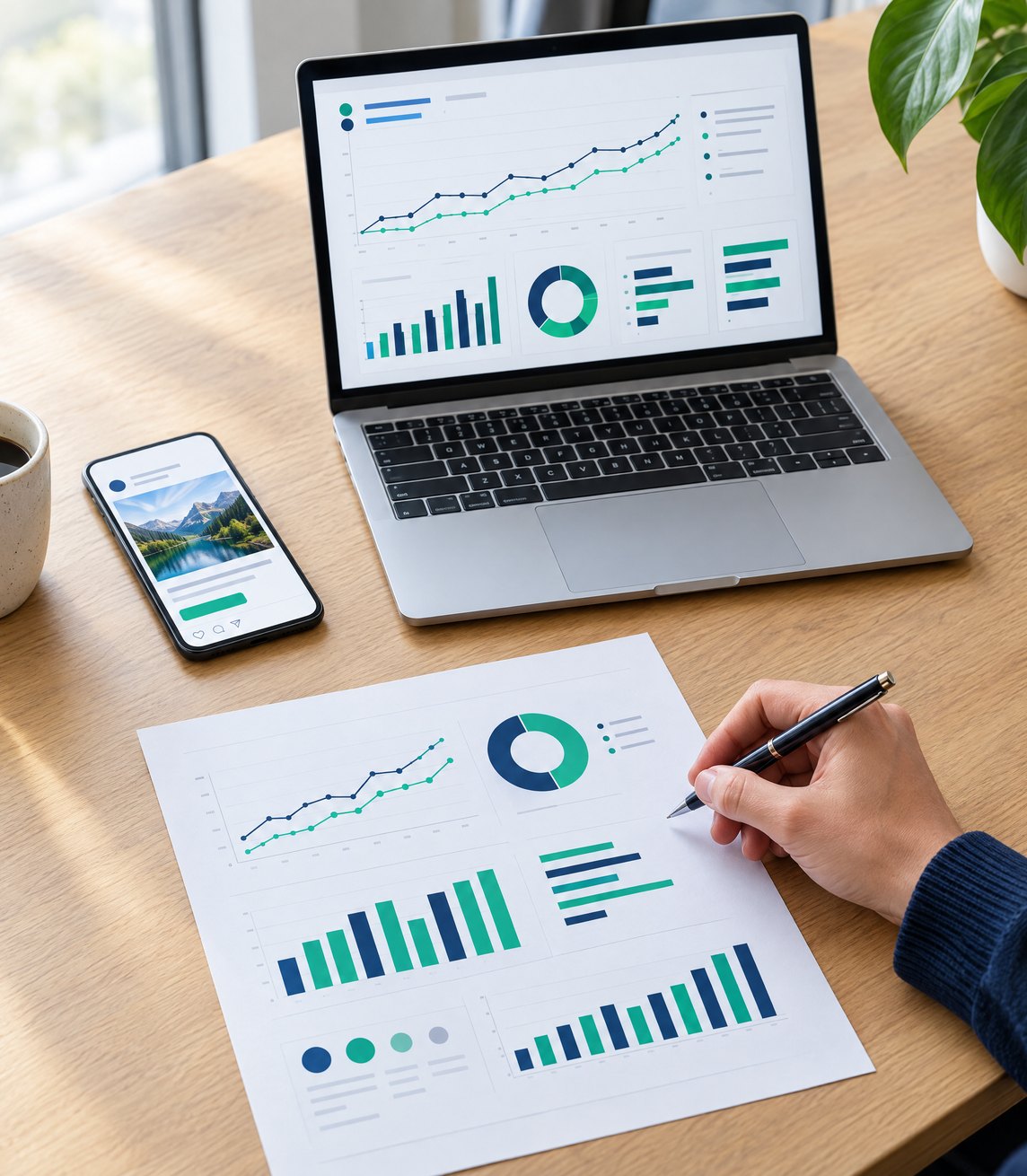 Written growth plan, performance dashboard and ad preview on a strategist’s desk