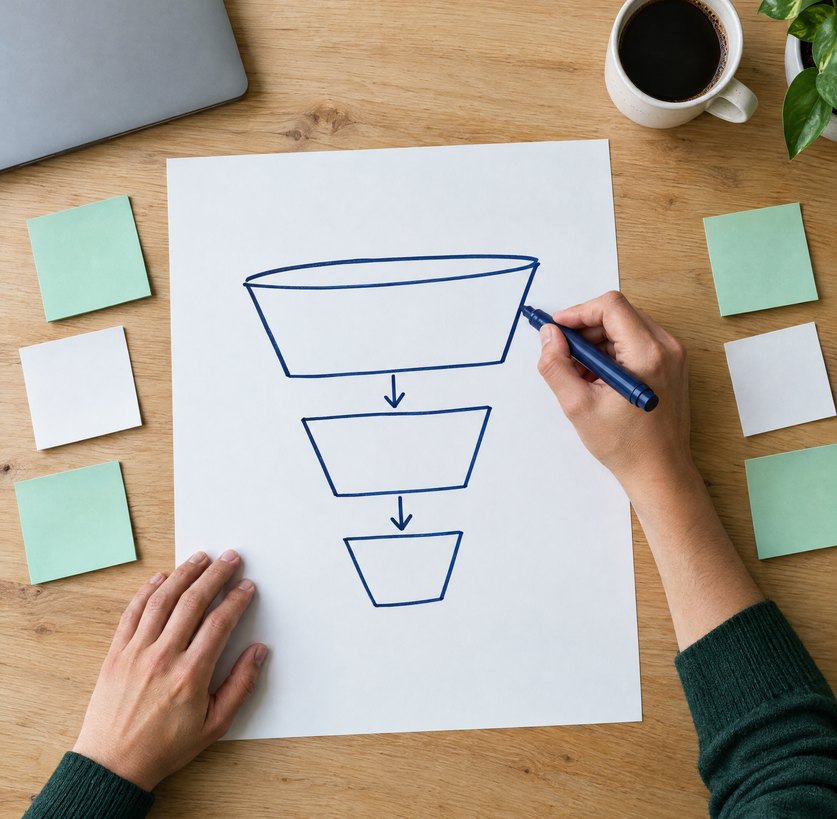 Sketching a marketing funnel during a strategy session