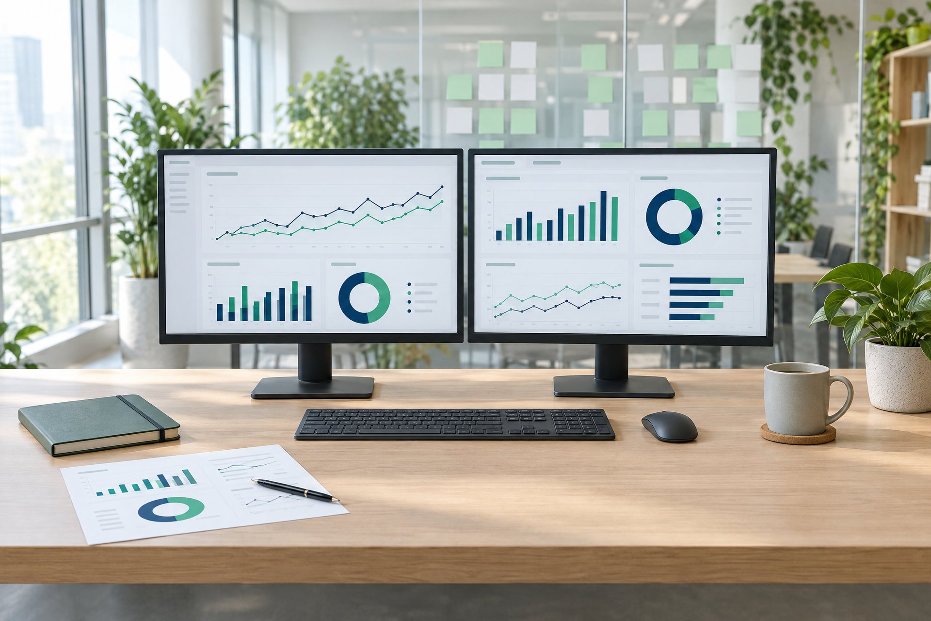 Workspace with campaign reports and a written plan