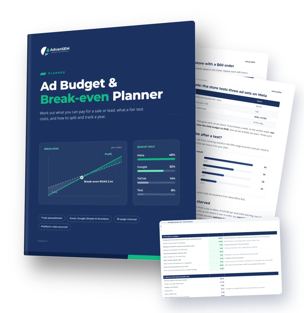 Ad Budget & Break-even Planner: cover and inside pages
