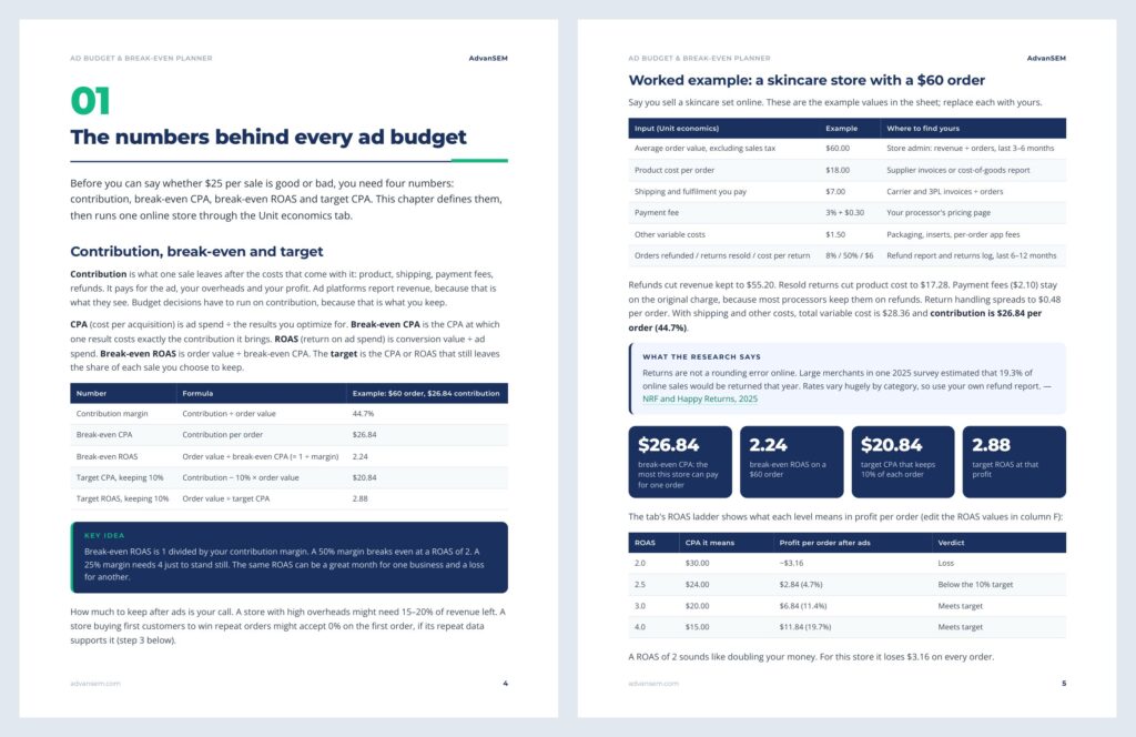 Ad Budget & Break-even Planner: inside pages 1